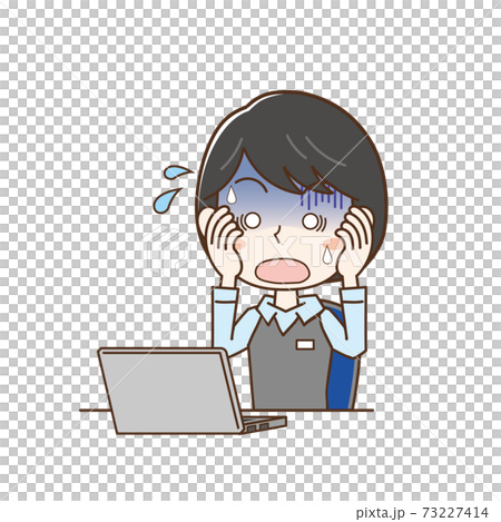 A woman who looks at a PC and notices a mistake and is impatient 73227414