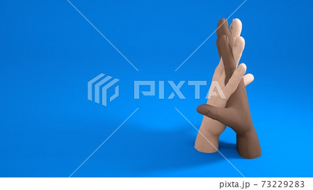 3d illustration of a handshake of black and light-skinned hands, a sign of equality and friendship of peoples. Graphic element isolated on blue background, symbol of teamwork. 73229283