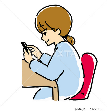 スマホを操作する若い女性の横顔イラストのイラスト素材