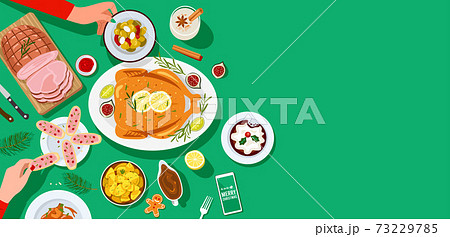Christmas festive dinner, people having dinner together. 73229785
