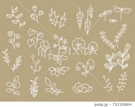 シンプルな手描き風、草、花、枝の素材セットのイラスト素材 [73230864 