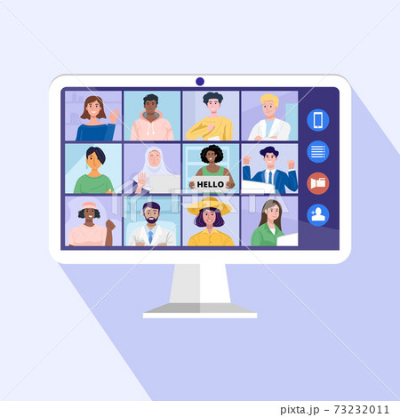 Video conferencing at home, Online conference with coworkers through a computer. Vector Illustration 73232011