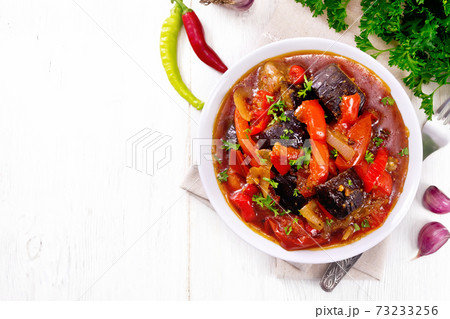 Ragout vegetable with eggplant on board top Ragout vegetable with eggplant on board top 73233256