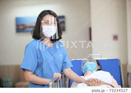 Doctor and patient wearing face-masks during coronavirus and flu outbreak. Virus and illness protection, home quarantine. COVID-2019 Doctor and patient wearing face-masks during coronavirus and flu outbreak. Virus and illness protection, home quarantine. COVID-2019 73234527