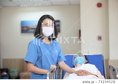 Doctor and patient wearing face-masks during coronavirus and flu outbreak. Virus and illness protection, home quarantine. COVID-2019 Doctor and patient wearing face-masks during coronavirus and flu outbreak. Virus and illness protection, home quarantine. COVID-2019 73234528