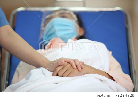Doctor and patient  wearing face-masks during coronavirus and flu outbreak. Virus and illness protection, home quarantine. COVID-2019 73234529
