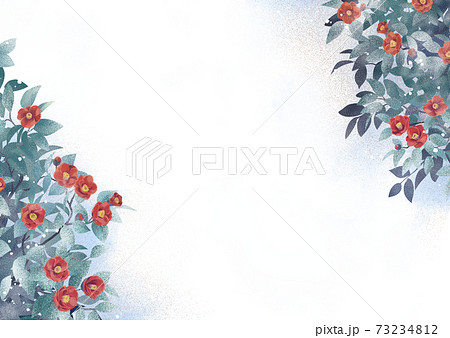 雪椿に水色背景のイラスト素材