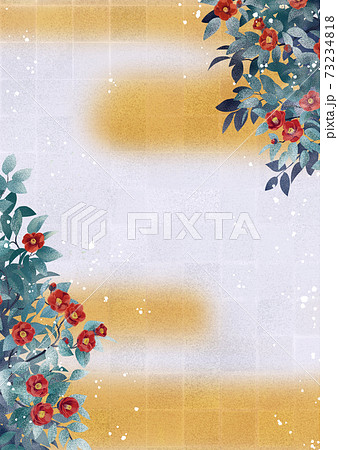 雪椿に棒霞-タテ構図 73234818