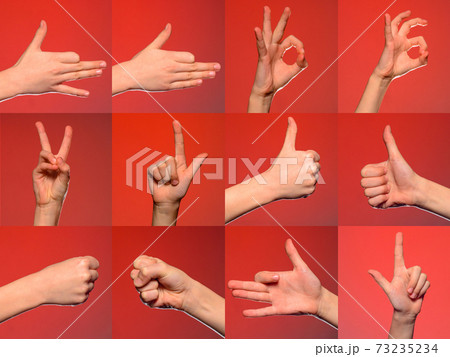 Male hand gestures and signs collection isolated over red background. Set of multiple pictures. Part of series 73235234