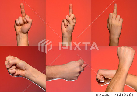 Male hand gestures and signs collection isolated over red background. Set of multiple pictures. Part of series 73235235