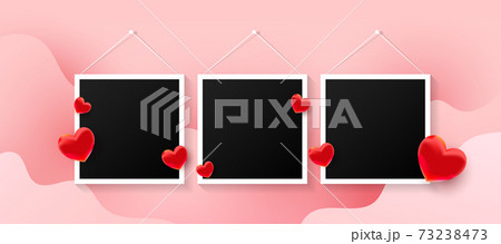 Empty black photo frames set with love air many red sweet hearts shape on a pink background. 73238473