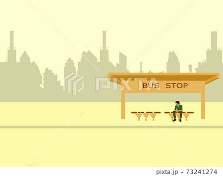 A Man Waiting For A Bus At A Bus Stop With のイラスト素材