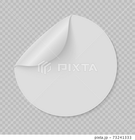 Round sticker. Curled page, circle flipped paper page, sticky white information banner, empty promotional emblem mockup, advertise realistic blank vector isolated illustration 73241333