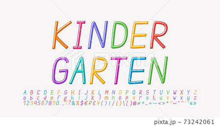 Multicolored cartoon Italic alphabet, thin linear font rainbow bright colors. Uppercase and lowercase letters, numbers, punctuation marks. Vector illustration Multicolored cartoon Italic alphabet, thin linear font rainbow bright colors. Uppercase and lowercase letters, numbers, punctuation marks. Vector illustration 73242061