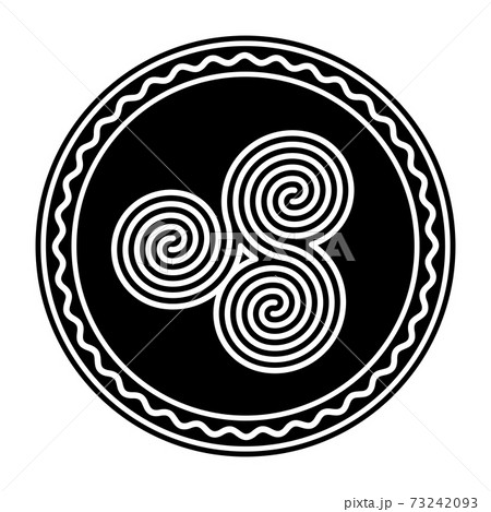Three connected Celtic double spirals within a circle frame. Triple spiral, formed by three interlocked Archimedean spirals. Symbol and motif. Black and white, isolated illustration over white. Vector Three connected Celtic double spirals within a circle frame. Triple spiral, formed by three interlocked Archimedean spirals. Symbol and motif. Black and white, isolated illustration over white. Vector 73242093