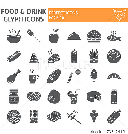 Food and drink glyph icon set, meal symbols collection, vector sketches, logo illustrations, eating signs solid pictograms package isolated on white background. Food and drink glyph icon set, meal symbols collection, vector sketches, logo illustrations, eating signs solid pictograms package isolated on white background. 73242416