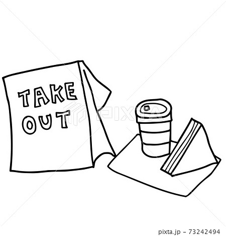 カフェでテイクアウトしたコーヒーとサンドウィッチの線画イラストのイラスト素材 73242494 Pixta