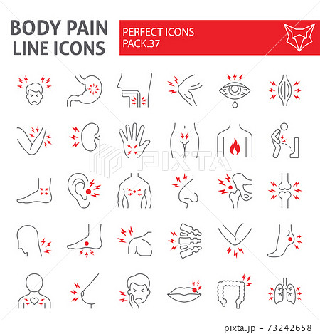 Body pain thin line icon set, organs ache symbols collection, vector sketches, logo illustrations, sickness signs linear pictograms package isolated on white background. 73242658