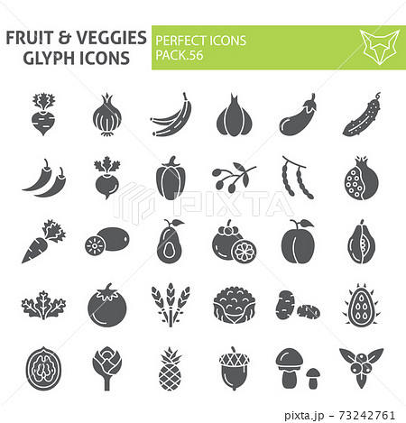 Fruits and vegetables glyph icon set, food symbols collection, vector sketches, logo illustrations, grocery signs solid pictograms package isolated on white background. Fruits and vegetables glyph icon set, food symbols collection, vector sketches, logo illustrations, grocery signs solid pictograms package isolated on white background. 73242761