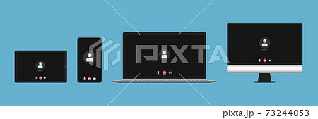 Realistic set of notebook, tablet, smartphone with video call screen. Realistic set of notebook, tablet, smartphone with video call screen. 73244053