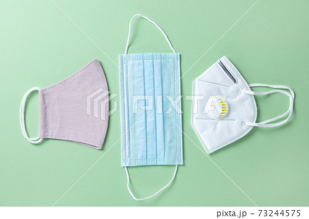 Variants of protective face masks, three types, fabric, medical, respirator with gel filter on green background, closeup, flatly, minimal. Hygiene concept, prevention of spread of viral infections 73244575