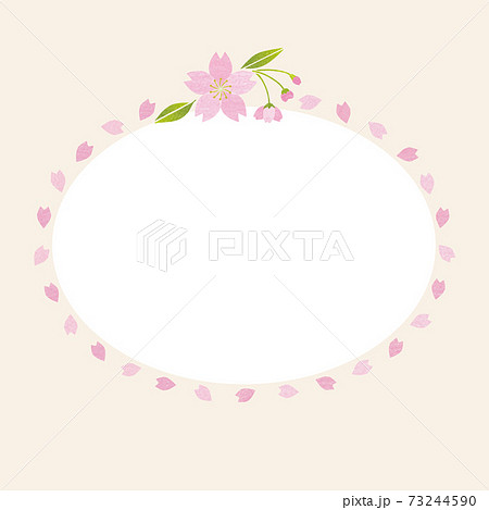 桜の花と花びらのフレーム 切り絵 和紙風 きなり色 楕円形のイラスト素材