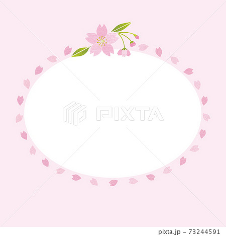 桜の花と花びらのフレーム 切り絵 和紙風 桜色 楕円形のイラスト素材