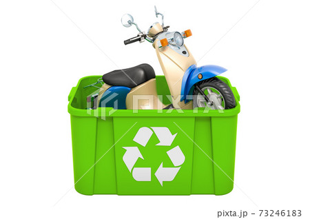 Recycling trashcan with motor scooter, moped. 3D rendering Recycling trashcan with motor scooter, moped. 3D rendering 73246183