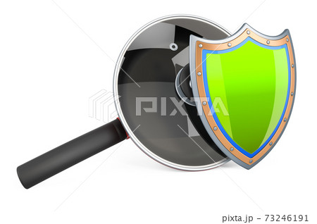Frying pan with shield, 3D rendering 73246191