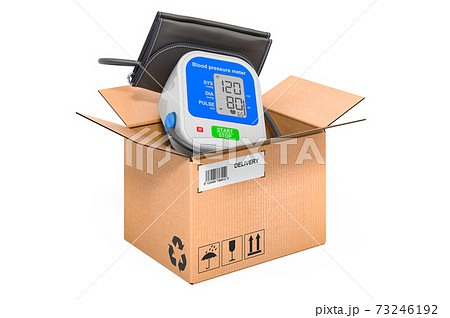 Electronic sphygmomanometer inside cardboard box, delivery concept. 3D rendering 73246192