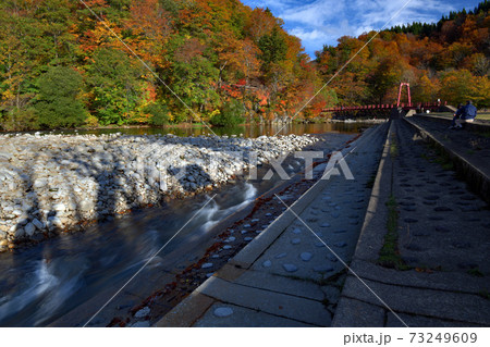 紅葉と流れと赤い橋 73249609