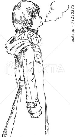 寒さに白い息を吐くコートを着た少年のコミックイラストのイラスト素材