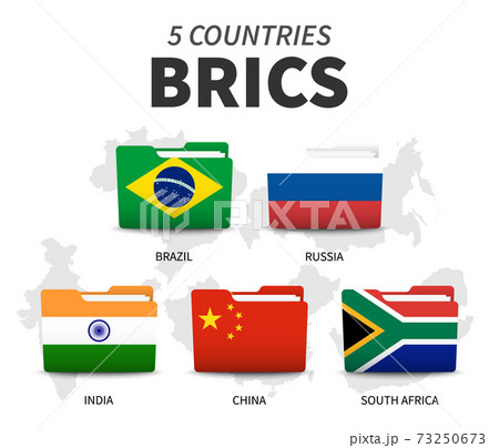 BRICS . Association of 5 countries . Folder flag design . White isolated background and country map . Vector . 73250673