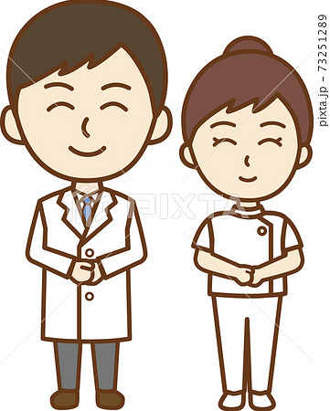 微笑む医者の男性と看護師の女性の正面向き全身イラストのイラスト素材