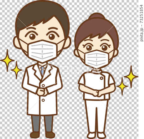正面向きに立っている医者の男性と看護師の女性の全身イラスト マスクあり 正面向きに立っている医者の男性と看護師の女性の全身イラスト マスクあり 73251854