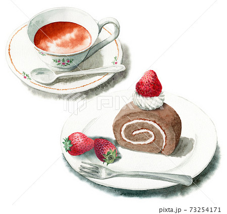 アナログ水彩ケーキセット紅茶ココアロールのイラスト素材