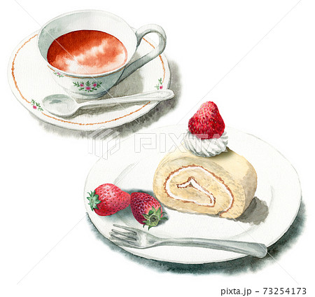 アナログ水彩ケーキセット紅茶ロールケーキいちごのイラスト素材 [73254173] - PIXTA