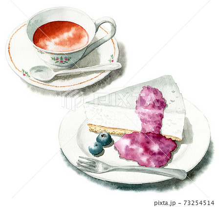 アナログ水彩ケーキセットレアチーズケーキと紅茶 73254514