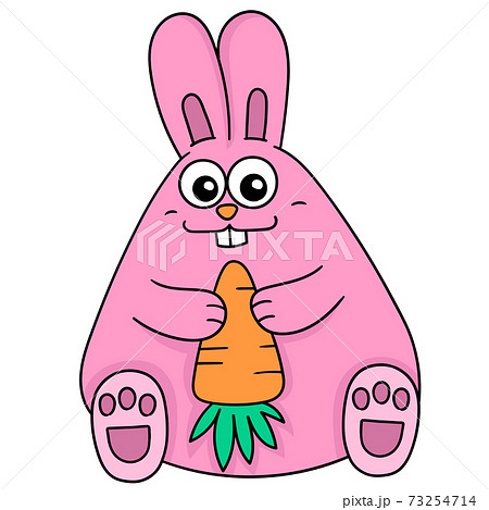 a cute and chubby rabbit sitting holding a carrot, doodle icon image 73254714