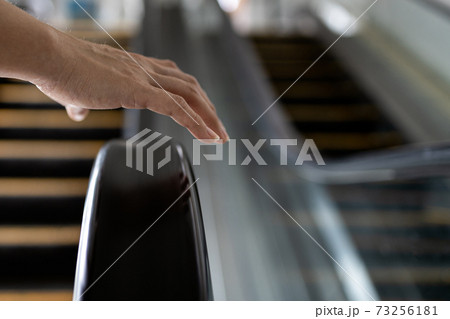 Close up,Hand of female with handrail of escalator,avoiding or not touching the handrail while using the escalator,dirt and accumulation of a pathogens,bacteria,virus that can cause contagious disease 73256181