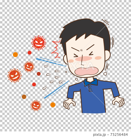 くしゃみをする男性と飛び出す飛沫ウィルスのイラストのイラスト素材