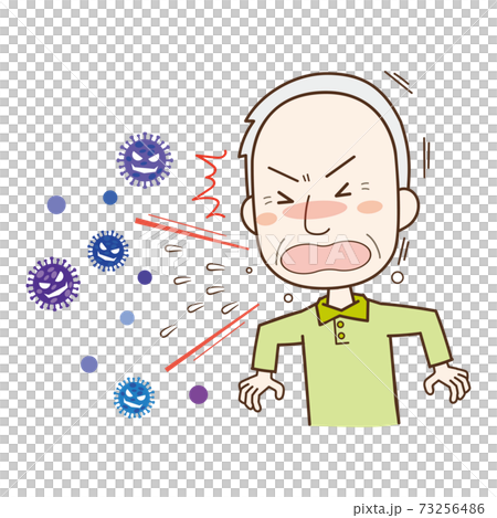 くしゃみをする高齢男性と飛び出す飛沫ウィルスのイラスト くしゃみをする高齢男性と飛び出す飛沫ウィルスのイラスト 73256486