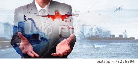 Double exposure of man with logistic network distribution on background and Logistics Industrial Container Cargo freight ship for shipping and Transportation, import-export Double exposure of man with logistic network distribution on background and Logistics Industrial Container Cargo freight ship for shipping and Transportation, import-export 73256894