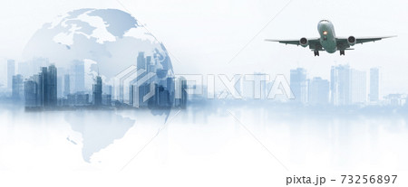 The world logistics, there are world map background and airplane flying on sky The world logistics, there are world map background and airplane flying on sky 73256897
