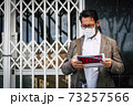 Portrait of man wear medical mask for coronavirus economy crisis with closed business and for sale panel - concept of unemployed people after covid-19 lockdown and restrictions for emergency 73257566