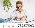 Adult woman concentrated in home work activity like tailor - clothing job with single female people working indoor in diy hand made clothes making of 73257593