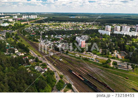 aerial photography of railway tracks and cars.Top view of cars and Railways.Minsk.Belarus aerial photography of railway tracks and cars.Top view of cars and Railways.Minsk.Belarus 73258455