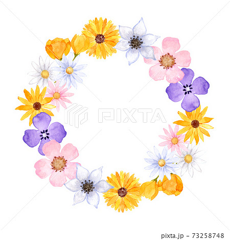 カラフルな花のフレーム 水彩イラストのイラスト素材