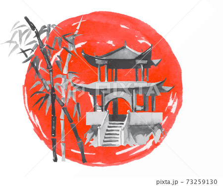 Japan traditional sumi-e painting. Temple. Fuji mountain, sakura, sunset. Japan sun. Indian ink illustration. Japanese picture. 73259130