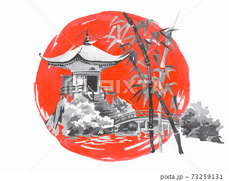 Japan traditional sumi-e painting. Temple. Fuji mountain, sakura, sunset. Japan sun. Indian ink illustration. Japanese picture. 73259131